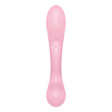 A sleek, modern Satisfyer Triple Oh - Pink USB Rechargeable Rabbit Vibrator in light pink features a double-ended, body-safe silicone design with rounded ends and a tapered middle. The smooth, symmetrical appearance includes a subtle Triple Oh logo at the center against a plain white background.