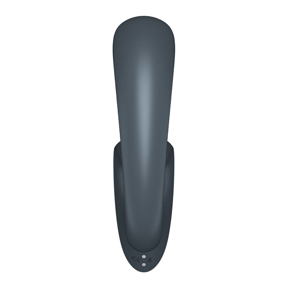 The Satisfyer G For Goddess 1 is a dark gray, U-shaped USB rechargeable vibrator designed for clitoris and G-spot stimulation. Its sleek, rounded top and intuitive controls combine modern elegance with minimalist design.