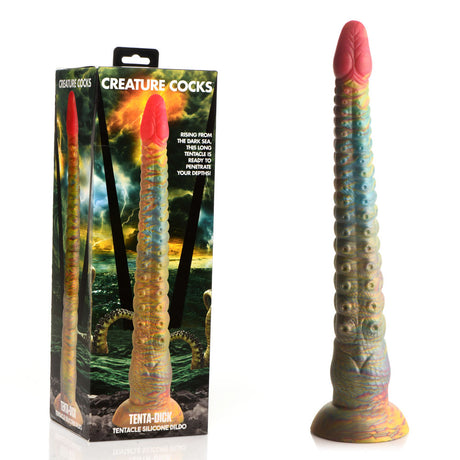 A multicolored, tentacle-shaped silicone dildo named Creature Cocks Tenta-Dick stands beside its packaging. Made from phthalate-free silicone, it features suction cups and a red tip. The Creature Cocks box has an underwater theme with a sea creature design.