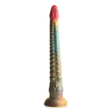 The Creature Cocks Tenta-Dick is a 32 cm multicolored tentacle fantasy dildo with a pink, flower-like textured top. Its shaft displays a gradient of blue, green, and yellow with circular patterns and features a wide suction-cup base made from phthalate-free silicone.