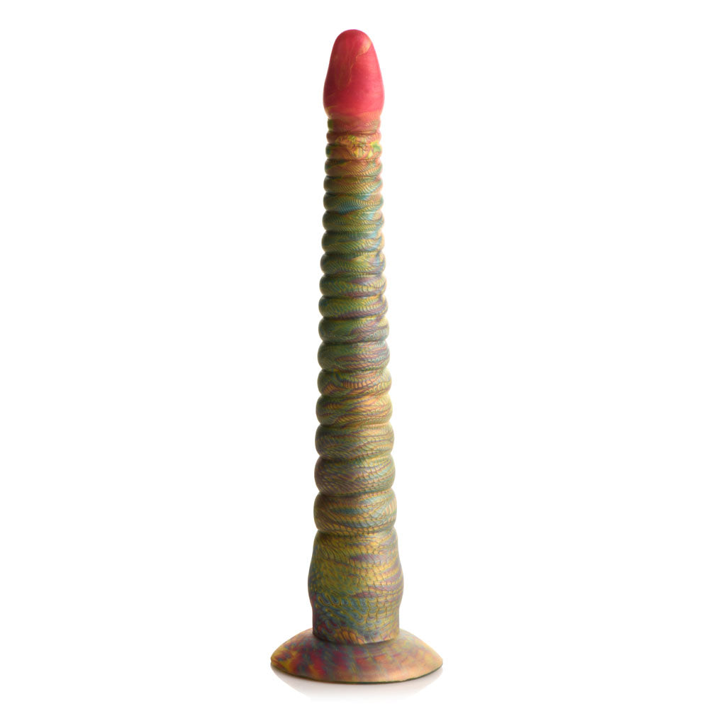 The Creature Cocks Tenta-Dick is a multicolored, 32 cm tentacle fantasy dildo featuring a vibrant blend of greens, yellows, and reds. Made from phthalate-free silicone, it has a spiral texture and a flared suction-cup base tapering to a rounded pink tip for an abstract appearance.