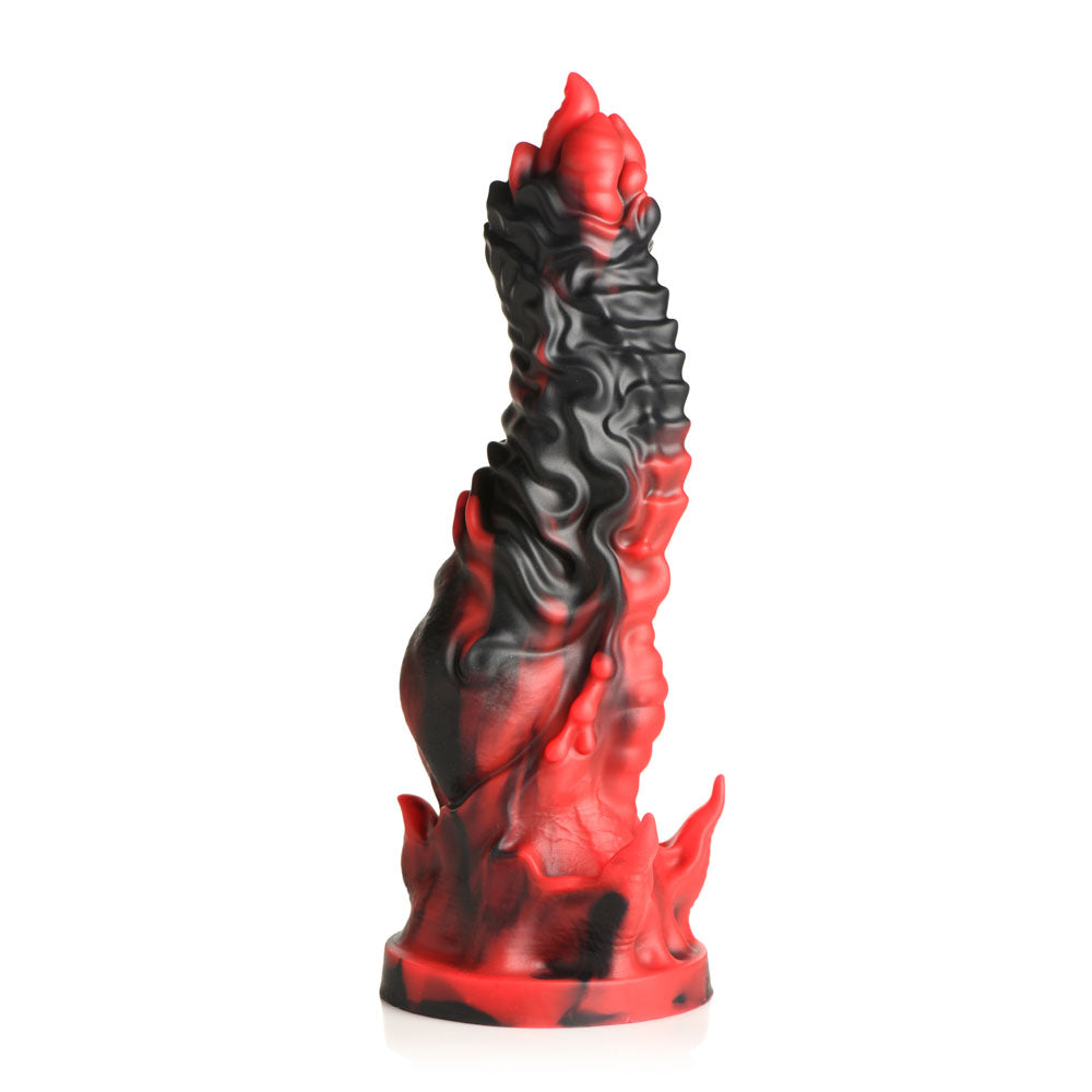 The Creature Cocks Mephisto, a red/black 18.5 cm fantasy dildo, boasts a tower-like silhouette with smooth curves and ridges. Made from premium silicone with a glossy finish, this abstract piece stands on a round base and resembles an artistic Mephisto creation.
