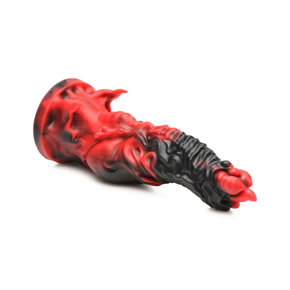 The Creature Cocks Mephisto is an 18.5 cm fantasy dildo in a red and black gradient, made from premium silicone. It features intricate curves and ridges with a glossy, smooth texture, a broader base, and a tapered, rounded end inspired by Mephisto.