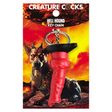 The Creature Cocks keychain features a hell hound design with a red flame-shaped charm and a backdrop of a horned creature. Its perfect for fantasy roleplay enthusiasts who love bold, monster-themed designs. Product Name: Creature Cocks Hell-Hound Keychain - Novelty Fantasy Dildo Keyring.