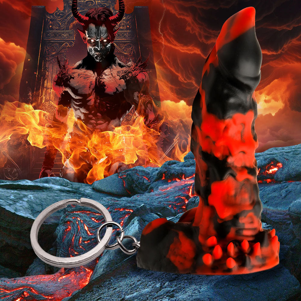 Amidst fiery lava streams in a fantasy landscape, a horned figure looms while the Creature Cocks Fire Demon Keychain, resembling a stylized horn with alluring texture, lies in the foreground.