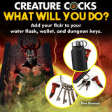 In a fiery landscape, a devil-like figure emerges with the text, Creature Cocks: What Will You Do? Elevate your fantasy roleplay with our Creature Cocks Fire Demon Keychain—embellish your water flask, wallet, and dungeon keys.