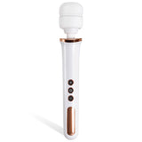The Adam & Eve Rechargeable Magic Massager in rose gold and white features a rounded silicone head, ergonomic handle, and three intuitive buttons. This sleek 33 cm USB rechargeable wand offers easy control with versatile vibration functions.