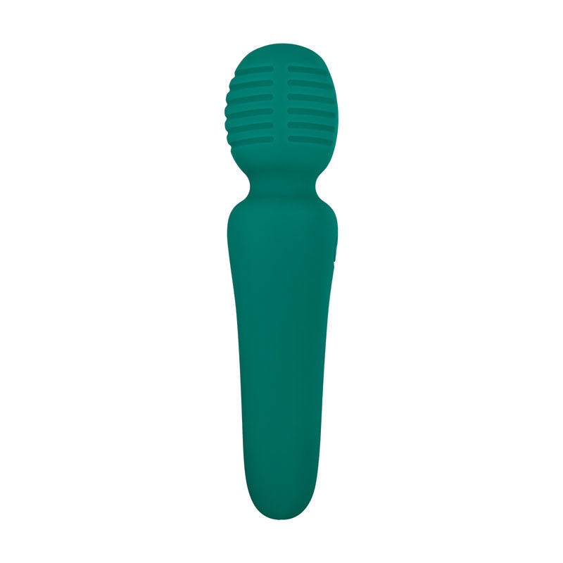 The Adam & Eve Petite Private Pleasure Wand in teal is a handheld massager with a ribbed, oval head and a smooth, ergonomic design that tapers towards the end. This 14.8 cm USB rechargeable wand delivers powerful vibrations for comfort and ease of use.