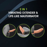 The promotional graphic highlights the Extendor+ - Flesh 2 Inch Vibrating Penis Extender and Stroker with its advanced vibration technology, featuring three circular images showing different angles of the realistic flesh-toned product against a dark background.