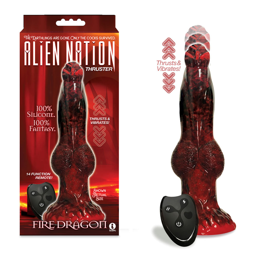 The Alien Nation - Fire Dragon is a 22.9 cm USB rechargeable thrusting fantasy dong in red/black, made from body-safe silicone. It features thrusting and vibrating actions, comes with a remote control, and boasts a futuristic design enhanced by a background of red flames. 100% Silicone.