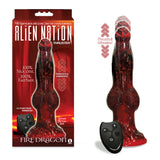 The Alien Nation - Fire Dragon is a 22.9 cm USB rechargeable thrusting fantasy dong in red/black, made from body-safe silicone. It features thrusting and vibrating actions, comes with a remote control, and boasts a futuristic design enhanced by a background of red flames. 100% Silicone.