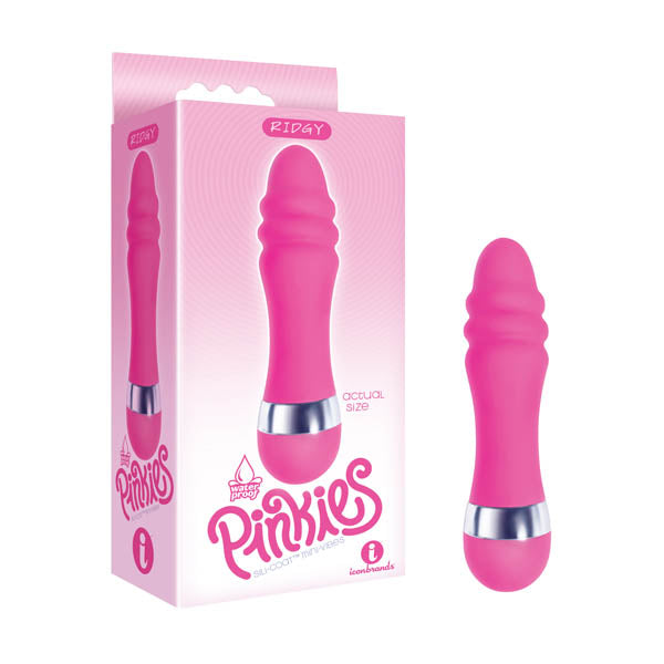 The 9s Pinkies Ridgy vibrator, crafted from body-safe silicone, features a smooth, ridged surface and a shiny silver band. It stands next to its pink and white box labeled Pinkies and Ridgy, displaying product images and details.