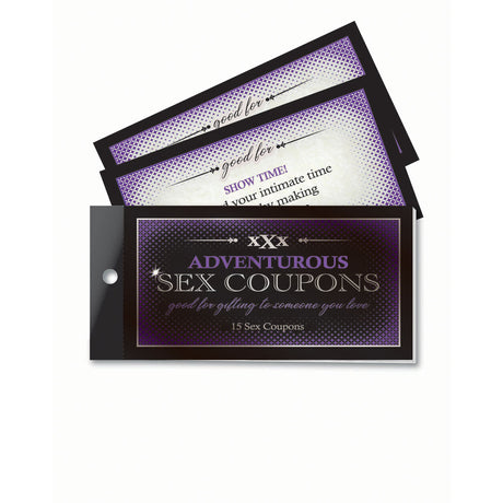 The Adventurous Sex Coupons booklet, featuring a sleek black and purple design, includes 15 enticing coupons for intimate activities. This partially open Sexual Adventures Coupon Book is perfect for spicing up your love life with tantalizing fantasies. Ideal for gifting to someone special.