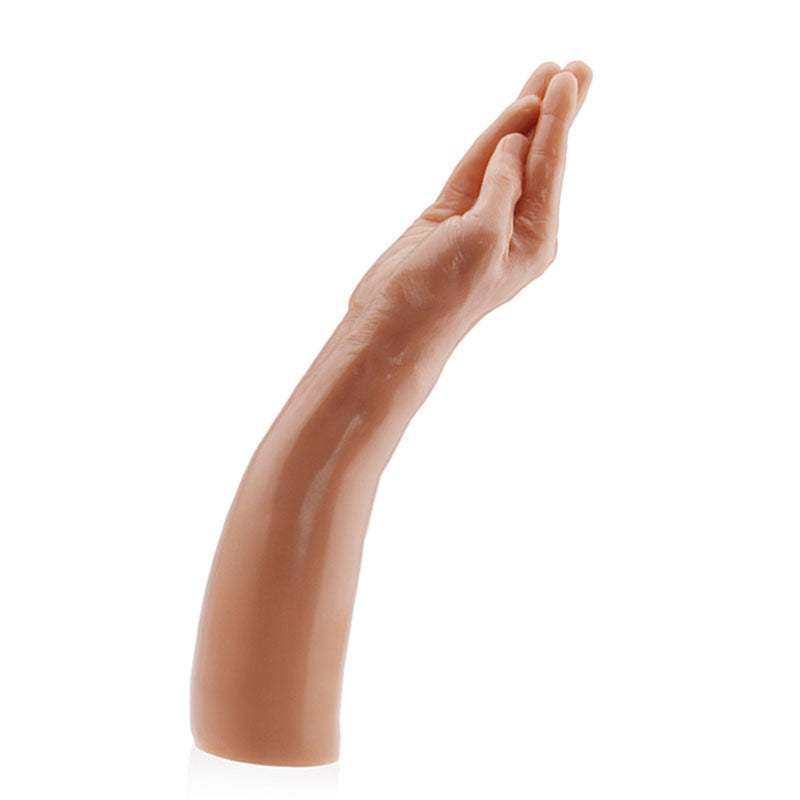 The King Sized 13.5 Realistic Magic Hand, made from phthalate-free PVC, features intricate details and a smooth surface. It has a relaxed, partially open gesture with slightly curved fingers, its lifelike contours enhanced by lighting against a plain white background.