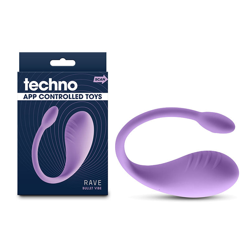 A purple Techno Rave vibrator, ergonomically curved and water-resistant, is showcased beside its packaging. The navy blue box reads techno app controlled toys and rave bullet vibe. This sleek, small device is discreet for use and fully rechargeable, emphasizing modern aesthetics.