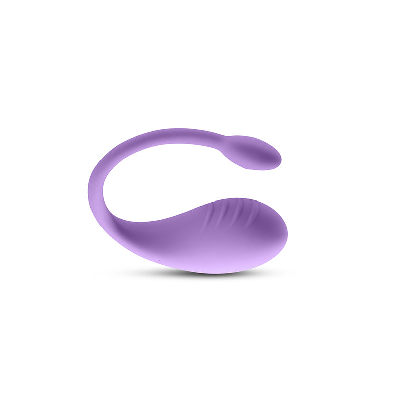 The Techno - Rave - Purple USB Rechargeable Vibrator with App Control is a silicone wearable featuring a smooth, curved design. It has a larger oval-shaped end and a slender, flexible tail resembling a loop with subtle grooves for added texture, providing style and functionality.