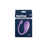 Box of Techno - Rave, a purple USB rechargeable vibrator with app control. The dark blue packaging showcases a wavy pattern with white text, highlighting its waterproof design for endless adventures.