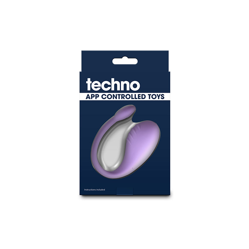 The sleek, eye-catching packaging for the Techno - Rave - Purple features a dark blue box with a window showcasing a gray and purple, water-resistant USB rechargeable vibrator. Instructions included is printed at the bottom, and a handy hanging tab tops it off for easy storage or display.