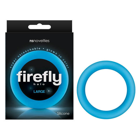 The image features the Firefly Halo Glow in Dark Blue Large 60 mm Cock Ring, ideal for those wanting a unique glow-in-the-dark experience. nsnovelties and firefly halo along with LARGE are prominently displayed on the packaging, as the super stretchable ring glows on a dark backdrop.