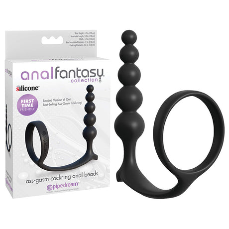 Discover the Anal Fantasy Collection Ass-Gasm Cockring Anal Beads by Pipedream, featuring a black cock ring with an anal plug made from elite silicone. Perfect for beginners, it includes beaded sizes that gradually increase for an enhanced experience.