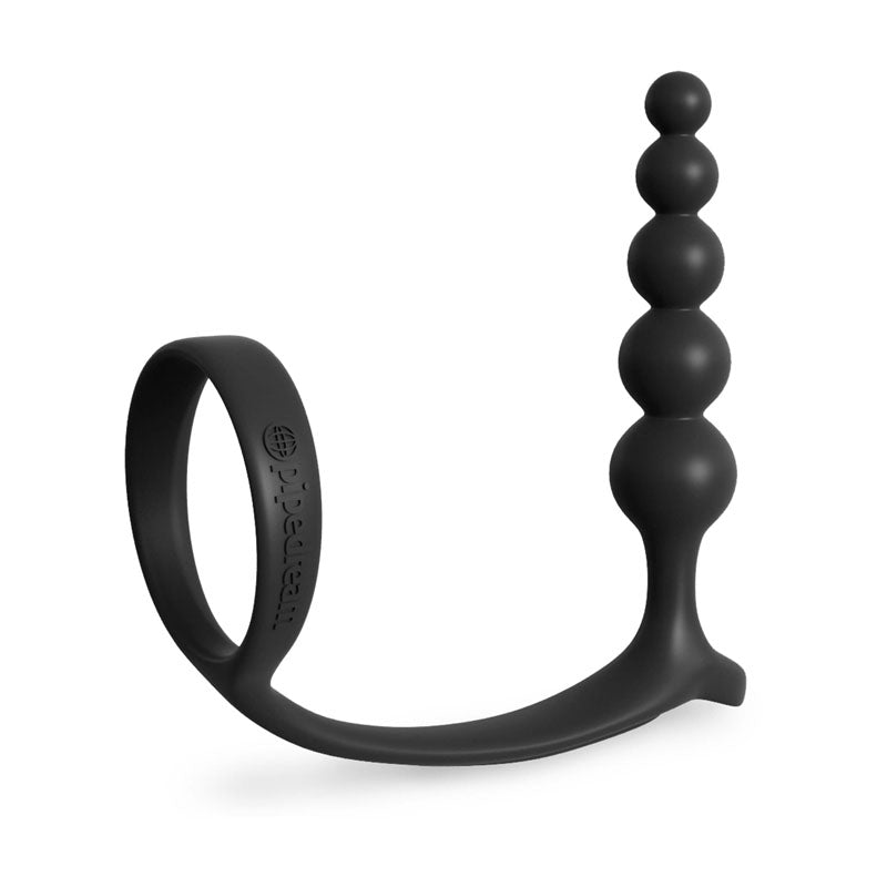 The Anal Fantasy Collection Ass-Gasm Cockring Anal Beads feature a sleek design with five smooth, graduated spheres. These black beads increase in size and are connected to a flexible base with a loop for easy handling, providing comfort with their matte surface.
