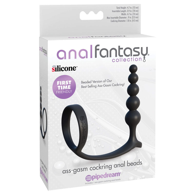 The Anal Fantasy Collection Ass-Gasm Cockring Anal Beads sports a sleek Elite Silicone design perfect for beginners. The black anal beads and cockring are highlighted with the Pipedream logo on a white background with bubbles.