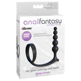 The Anal Fantasy Collection Ass-Gasm Cockring Anal Beads sports a sleek Elite Silicone design perfect for beginners. The black anal beads and cockring are highlighted with the Pipedream logo on a white background with bubbles.