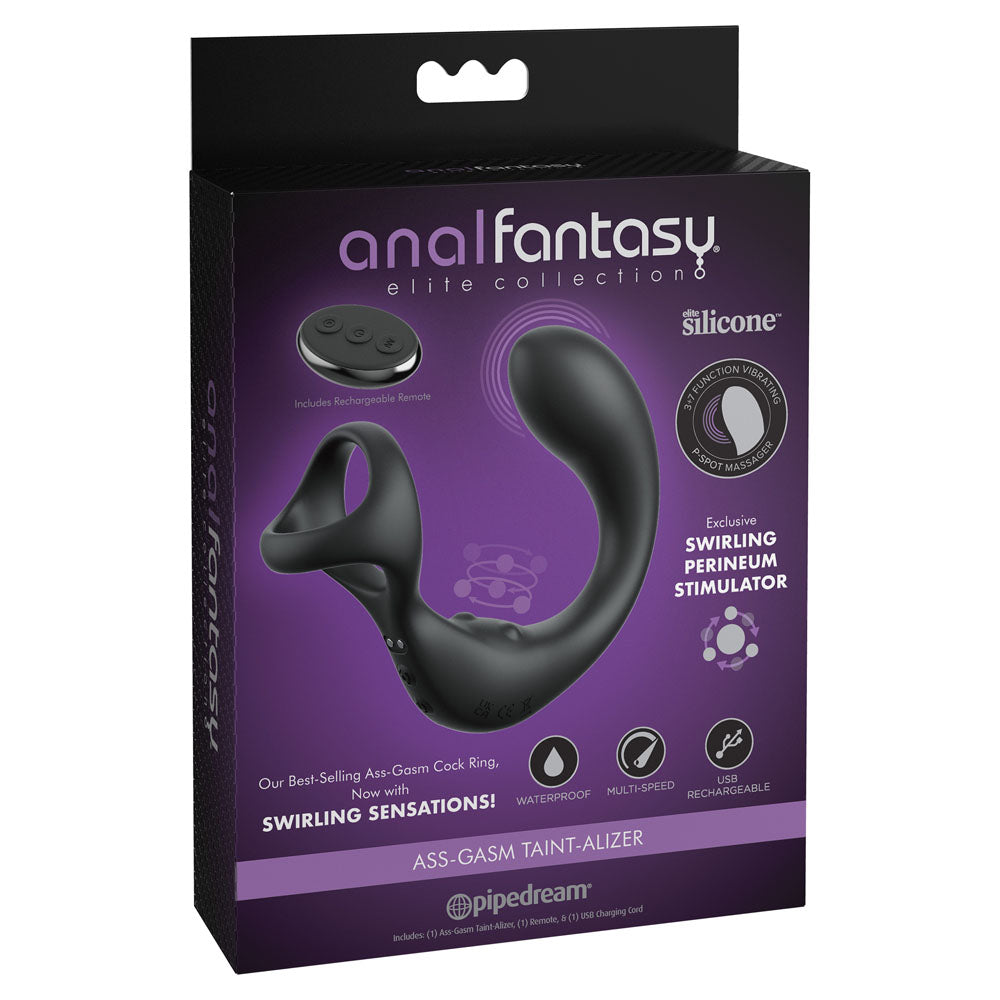 The image shows the packaging for the Anal Fantasy Elite Ass-Gasm Taint-alizer, a black USB rechargeable prostate massager with cock ring. Featuring a sleek design with swirling elements, this waterproof product and remote are showcased in a box with purple accents emphasizing perineum stimulation benefits.