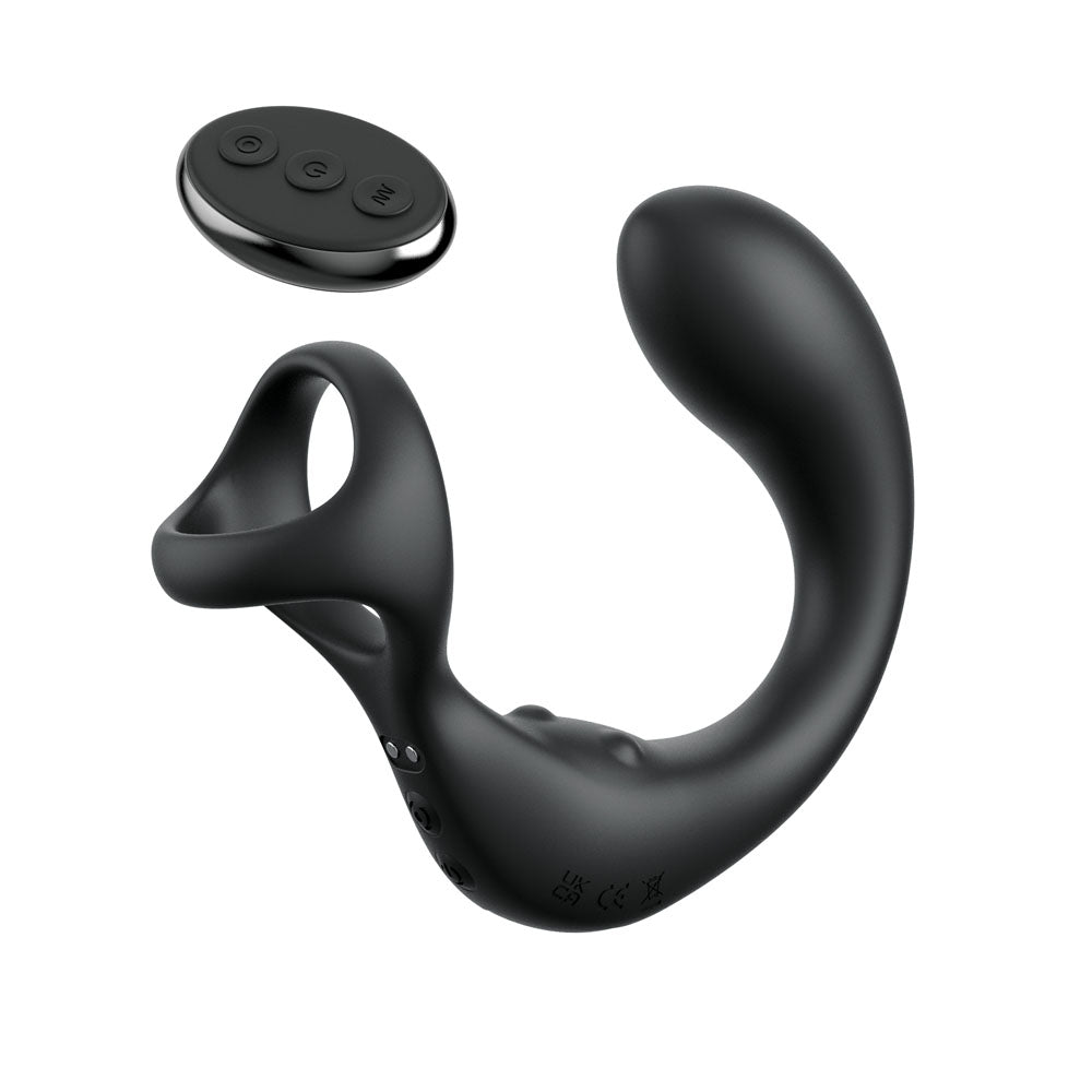 The Anal Fantasy Elite Ass-Gasm Taint-alizer, a black prostate massager with handle and three-button remote, offers smooth perineum stimulation with its curved tip. The remote has buttons labeled M, G, and a power symbol. It features a sleek design, rounded base, and USB rechargeability.
