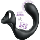 The black Anal Fantasy Elite Ass-Gasm Taint-alizer features an ergonomic waterproof design with a curved shape, handle, and bulbous tip. Purple swirling symbols highlight its exclusive perineum stimulator function.