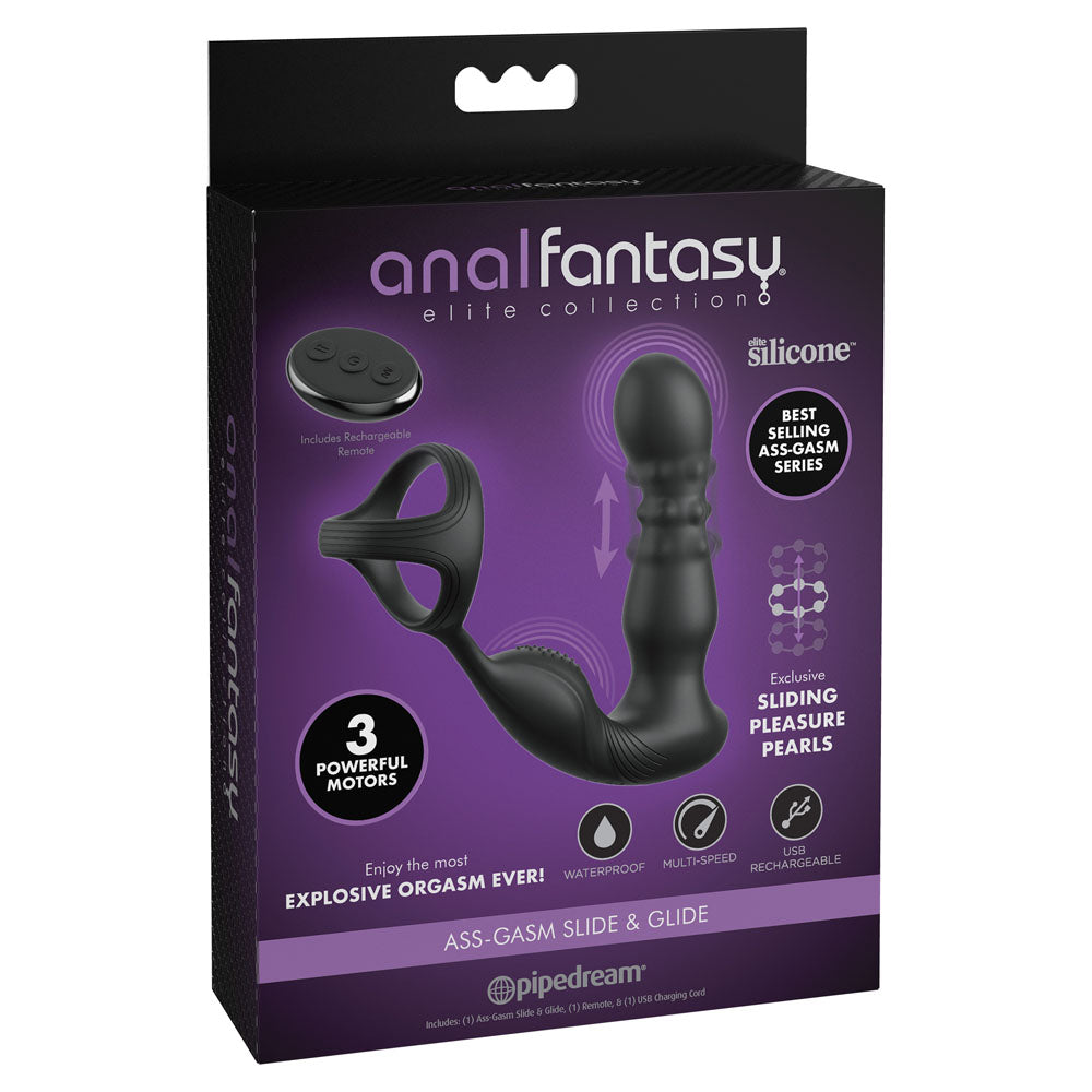 The Anal Fantasy Elite Ass-Gasm Slide & Glide features black silicone, USB rechargeable capability, waterproof design, and multi-speed controls. Designed for ultimate P-Spot stimulation with three powerful motors and a cock ring, its showcased in sleek box packaging.