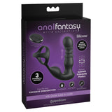 The Anal Fantasy Elite Ass-Gasm Slide & Glide features black silicone, USB rechargeable capability, waterproof design, and multi-speed controls. Designed for ultimate P-Spot stimulation with three powerful motors and a cock ring, its showcased in sleek box packaging.