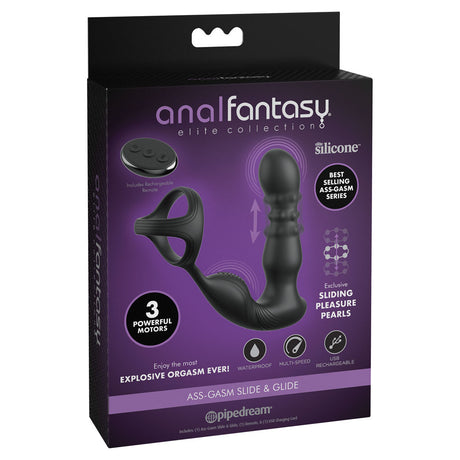 The Anal Fantasy Elite Ass-Gasm Slide & Glide features black silicone, USB rechargeable capability, waterproof design, and multi-speed controls. Designed for ultimate P-Spot stimulation with three powerful motors and a cock ring, its showcased in sleek box packaging.