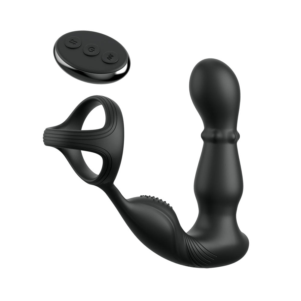The Anal Fantasy Elite Ass-Gasm Slide & Glide features a curved, ribbed black design with an attached ring for enhanced P-Spot stimulation. It includes a small round remote with three buttons, and its smooth silicone surface is highlighted by textured lines against a pristine white background.