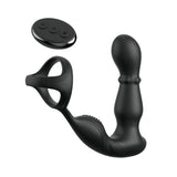 The Anal Fantasy Elite Ass-Gasm Slide & Glide features a curved, ribbed black design with an attached ring for enhanced P-Spot stimulation. It includes a small round remote with three buttons, and its smooth silicone surface is highlighted by textured lines against a pristine white background.