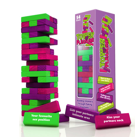 The Tower of Pleasure - Couples Tumbling Tower Game features 54 brightly colored blocks in green, pink, and purple. With playful prompts like Your favorite sex position,” it’s perfect for date night and builds intimacy through play. The packaging highlights Building Intimacy Through Poking.