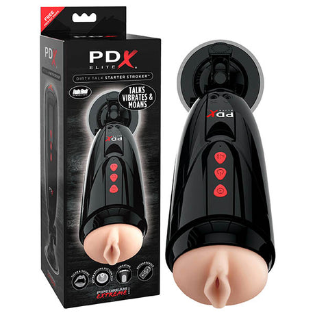 The Pipedream Extreme Toyz Elite Dirty Talk Starter Stroker, crafted with Fanta Flesh for realism, features red buttons and a simulated opening. The packaging highlights its Talks, Vibrates & Moans capabilities with images and branding on a clean white background.