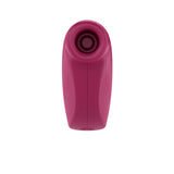 Front view of a pink Satisfyer One Night Stand, a cylindrical, silicone clitoral stimulator with a concave top. Its sleek design has defined side lines and offers various vibration modes for enhanced stimulation.
