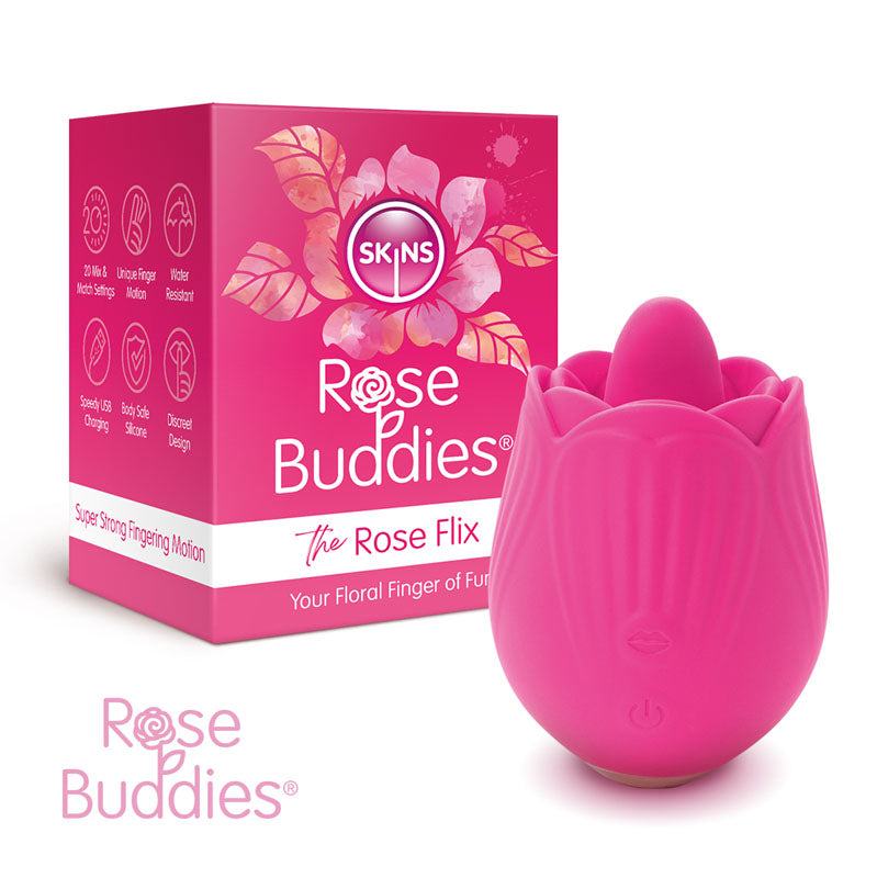 A pink rose-shaped massager, the Skins Rose Buddies - The Rose Flix, made from body-safe silicone, sits beside its floral packaging. The box features its water resistance and variable speeds. Its petal design includes a power button for clitoral play.