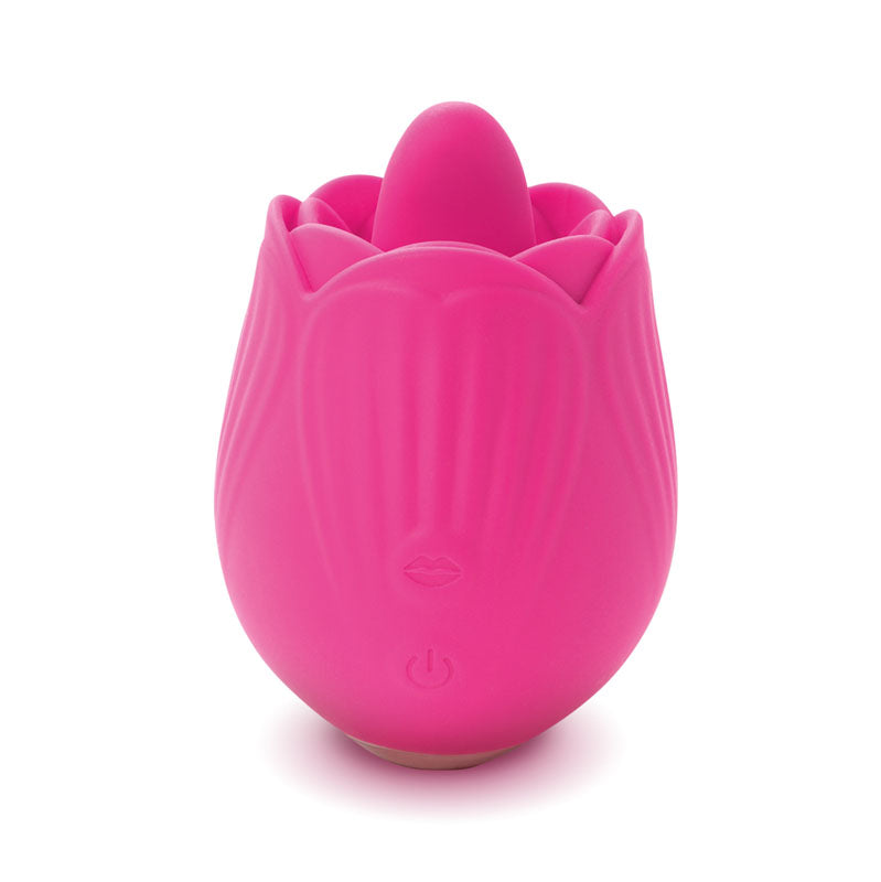 The Skins Rose Buddies - The Rose Flix is a pink, rose-shaped flicking stimulator made from body-safe silicone. It features petal-like edges, an embossed lips design, and a central power button, ideal for clitoral play. USB rechargeable, it resembles a flower in full bloom.