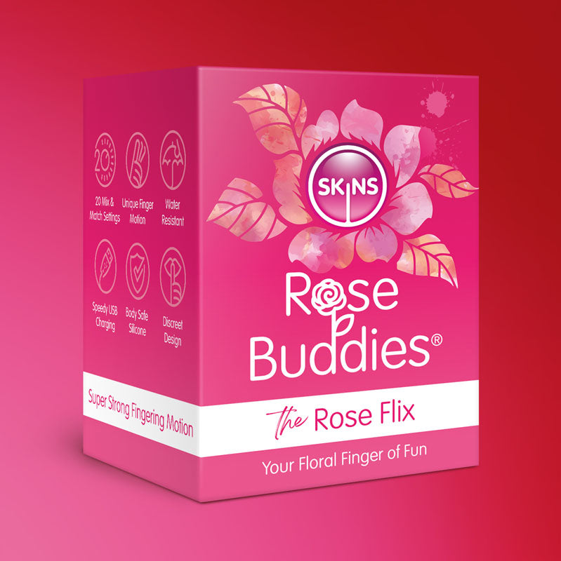 A pink and red package says Skins Rose Buddies - The Rose Flix, made of body-safe silicone, with rose imagery. For clitoral play, it features 20 modes and water resistance. The tagline is Your Floral Finger of Fun.