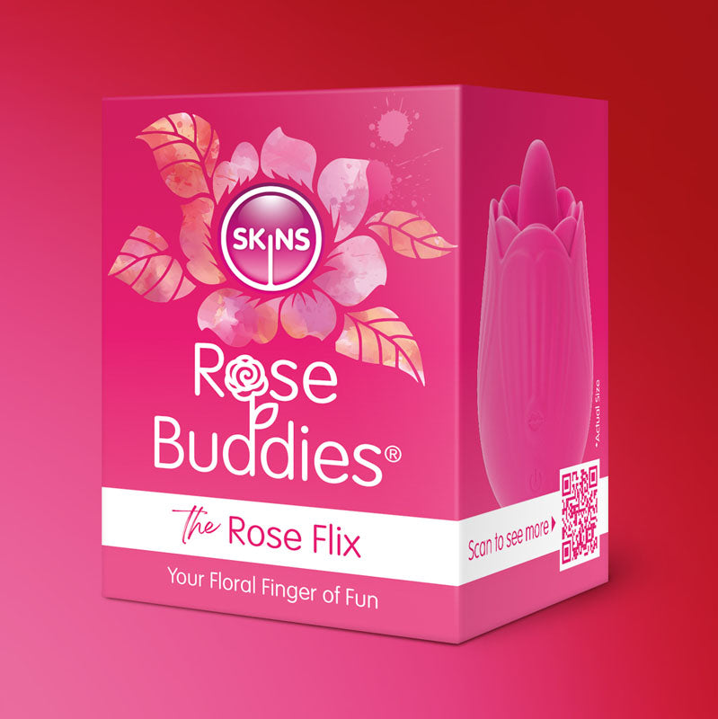 A pink box against a gradient red background displays Skins Rose Buddies with a rose in the o. The product name The Rose Flix is ideal for clitoral play. A rose-shaped toy made of body-safe silicone is next to a QR code and the phrase Your Floral Finger of Fun.