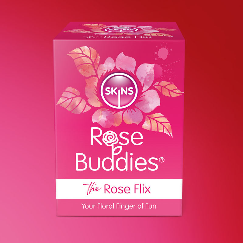 The Skins Rose Buddies - The Rose Flix, a clitoral play stimulator, comes in a pink and red box featuring the Skins logo, floral design, and slogan Your Floral Finger of Fun. Its crafted from body-safe silicone with a large rose graphic for added allure.