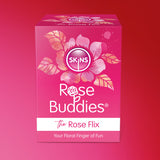 The Skins Rose Buddies - The Rose Flix, a clitoral play stimulator, comes in a pink and red box featuring the Skins logo, floral design, and slogan Your Floral Finger of Fun. Its crafted from body-safe silicone with a large rose graphic for added allure.