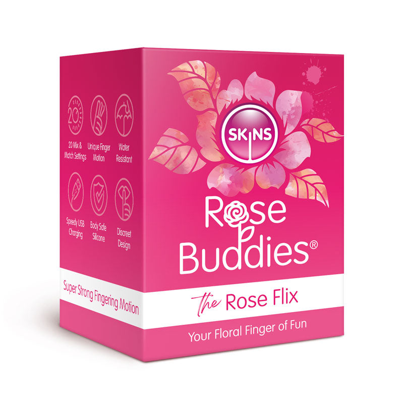 The pink Skins Rose Buddies - The Rose Flix features floral graphics and leaves. Its great for clitoral play with ten modes, unique motion, water resistance, USB charging, and body-safe silicone in a discreet design. Tagline: Your Floral Finger of Fun.