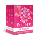 The pink Skins Rose Buddies - The Rose Flix features floral graphics and leaves. Its great for clitoral play with ten modes, unique motion, water resistance, USB charging, and body-safe silicone in a discreet design. Tagline: Your Floral Finger of Fun.