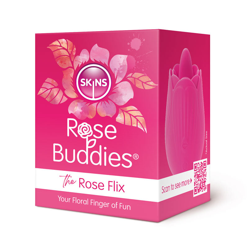 The Skins Rose Buddies - The Rose Flix features a stylized rose motif with the slogan Your Floral Finger of Fun and includes a QR code. Designed for clitoral play, its body-safe silicone matches the pink and white box displaying the rose-shaped product. USB rechargeable for convenience.