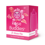 The Skins Rose Buddies - The Rose Flix features a stylized rose motif with the slogan Your Floral Finger of Fun and includes a QR code. Designed for clitoral play, its body-safe silicone matches the pink and white box displaying the rose-shaped product. USB rechargeable for convenience.