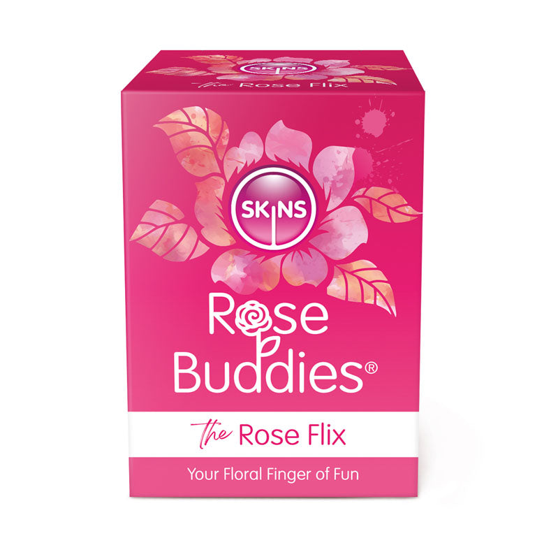 A pink Skins Rose Buddies - The Rose Flix box, made from body-safe silicone, features rose designs in pink and white. The packaging highlights floral motifs with the tagline Your Floral Finger of Fun, embracing playful branding elements.