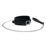 The EDGE Collar & Leash set includes a sleek faux leather collar with EDGE inscribed and a silver buckle, paired with a heavy-duty silver chain leash ending in a black leather loop handle. These striking items are showcased against a pristine white background.